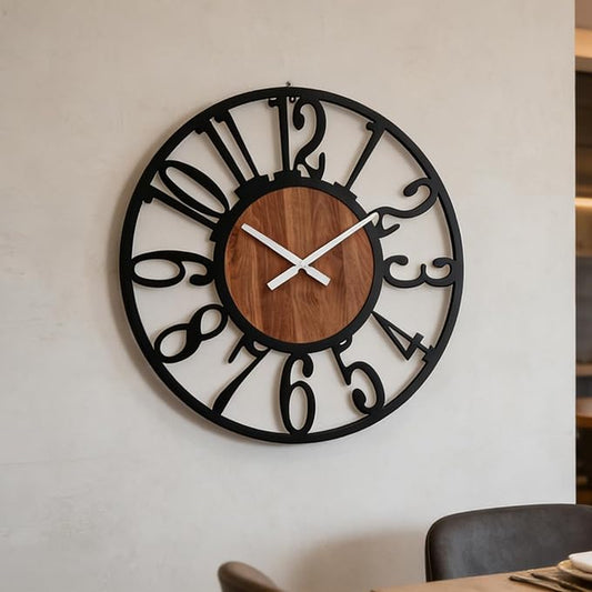 20 Inch Large Industrial Wood Wall Clock, Iron Frame & Artful Cutout Numerals, Silent Battery Operated, Decorative for Modern Farmhouse Living Room Office Dining Room Home Décor Products