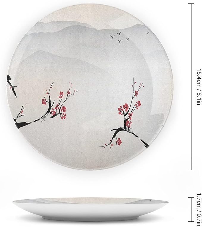 Ceramic Display Plate, Asian Ceramic Hanging Decorative Plate, Japanese Nature Landscape National Flower, 7 Inch, Living Room Kitchen Decoration Household, Beige Red Black