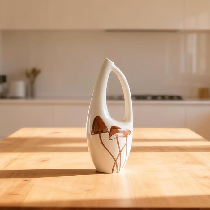 Unique Hand Painted Ceramic Mushroom Vase – Modern White Hollow Sculptural Vase – 8.7 Inch Tall Aesthetic Cottagecore Decor – Artisan Pottery for Flowers, Bookshelf, and Living Room Centerpiece