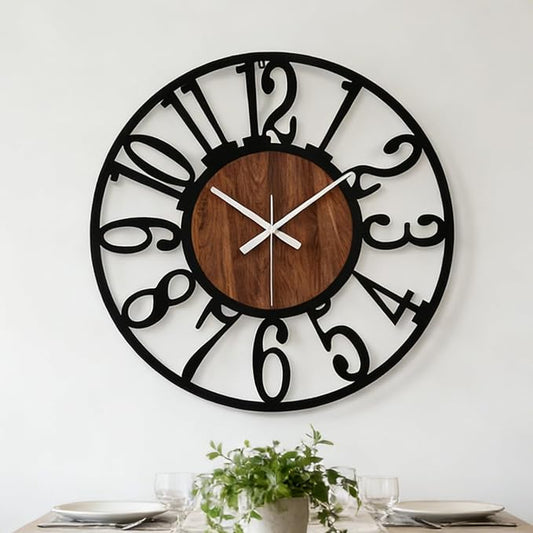 20 Inch Large Industrial Wood Wall Clock, Iron Frame & Artful Cutout Numerals, Silent Battery Operated, Decorative for Modern Farmhouse Living Room Office Dining Room Home Décor Products