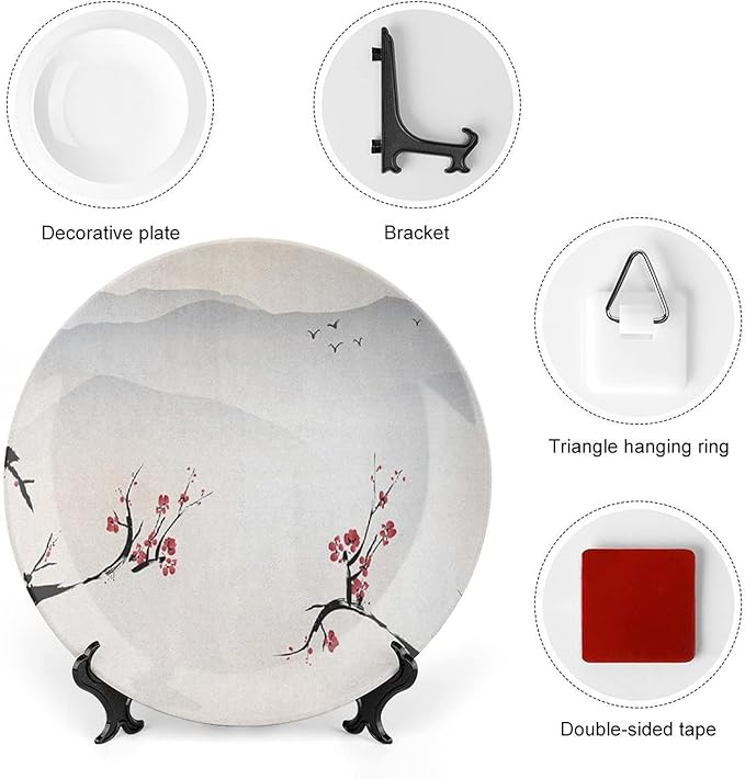 Ceramic Display Plate, Asian Ceramic Hanging Decorative Plate, Japanese Nature Landscape National Flower, 7 Inch, Living Room Kitchen Decoration Household, Beige Red Black
