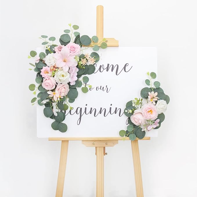 2pcs Wedding Arch Flowers,Wedding Artificial Sign Flower,Welcome Easel Door Decor Wall swags for Reception Backdrop Table Decorations Welcome Sign (Light Pink)