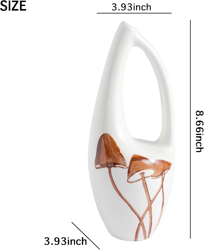 Unique Hand Painted Ceramic Mushroom Vase – Modern White Hollow Sculptural Vase – 8.7 Inch Tall Aesthetic Cottagecore Decor – Artisan Pottery for Flowers, Bookshelf, and Living Room Centerpiece
