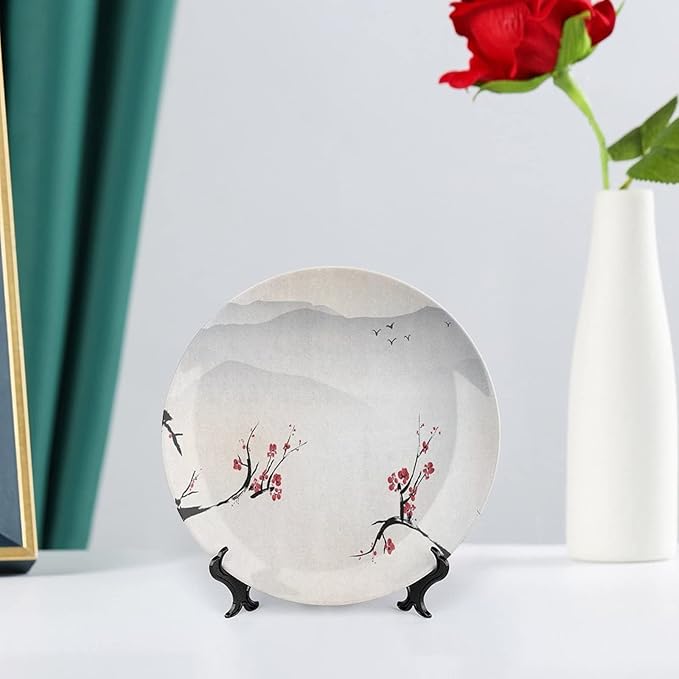 Ceramic Display Plate, Asian Ceramic Hanging Decorative Plate, Japanese Nature Landscape National Flower, 7 Inch, Living Room Kitchen Decoration Household, Beige Red Black