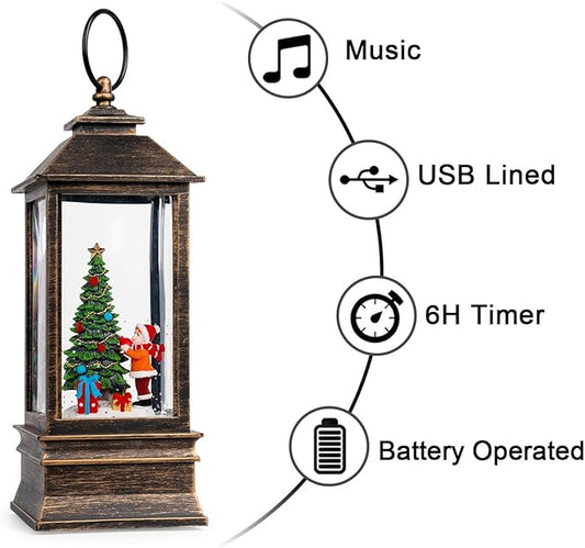 10'' Snow Globe Christmas, Musical Lighted Water Lantern with Swirling Glitter Decoration for Christmas Home, Living Room, Battery Operated or USB Powered (Christmas Tree)