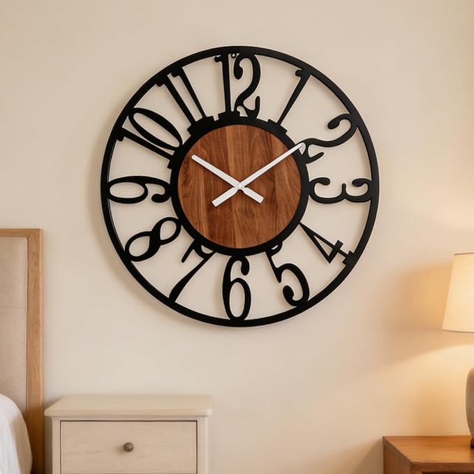 20 Inch Large Industrial Wood Wall Clock, Iron Frame & Artful Cutout Numerals, Silent Battery Operated, Decorative for Modern Farmhouse Living Room Office Dining Room Home Décor Products