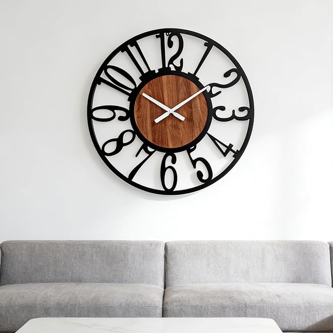 20 Inch Large Industrial Wood Wall Clock, Iron Frame & Artful Cutout Numerals, Silent Battery Operated, Decorative for Modern Farmhouse Living Room Office Dining Room Home Décor Products