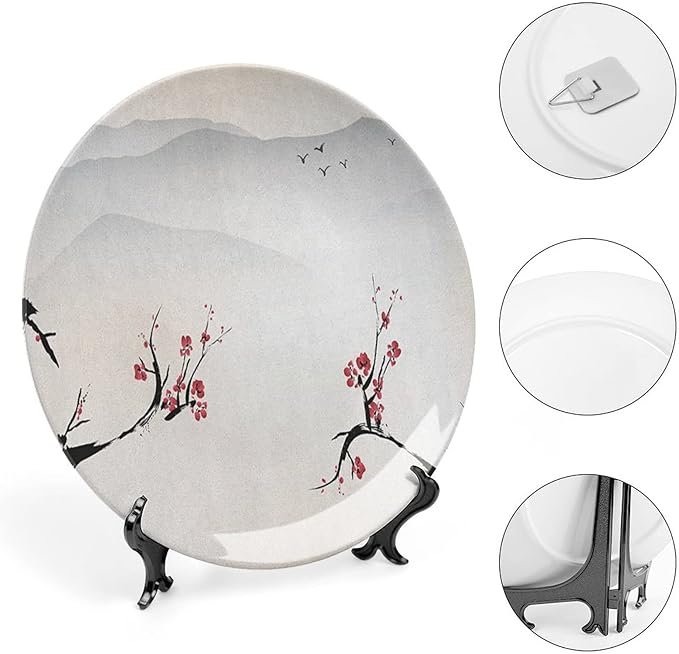 Ceramic Display Plate, Asian Ceramic Hanging Decorative Plate, Japanese Nature Landscape National Flower, 7 Inch, Living Room Kitchen Decoration Household, Beige Red Black
