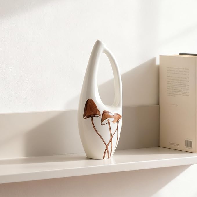 Unique Hand Painted Ceramic Mushroom Vase – Modern White Hollow Sculptural Vase – 8.7 Inch Tall Aesthetic Cottagecore Decor – Artisan Pottery for Flowers, Bookshelf, and Living Room Centerpiece