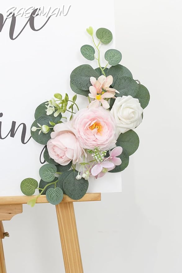 2pcs Wedding Arch Flowers,Wedding Artificial Sign Flower,Welcome Easel Door Decor Wall swags for Reception Backdrop Table Decorations Welcome Sign (Light Pink)