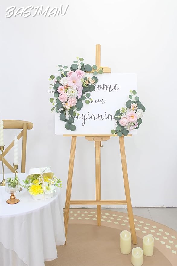 2pcs Wedding Arch Flowers,Wedding Artificial Sign Flower,Welcome Easel Door Decor Wall swags for Reception Backdrop Table Decorations Welcome Sign (Light Pink)