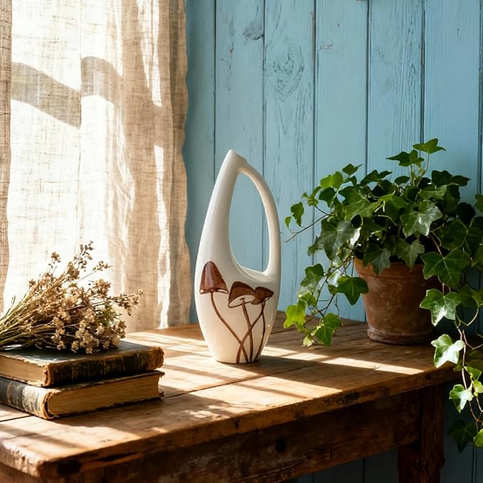 Unique Hand Painted Ceramic Mushroom Vase – Modern White Hollow Sculptural Vase – 8.7 Inch Tall Aesthetic Cottagecore Decor – Artisan Pottery for Flowers, Bookshelf, and Living Room Centerpiece