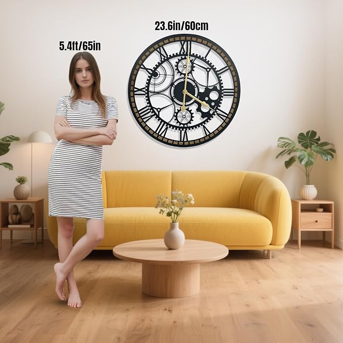 24 Inch Wall Clock, Gear Clock, Silent Non Ticking, Battery Operated Large Wall Clocks for Living Room Decor, Kitchen, Office (Vintage Industrial Steampunk)
