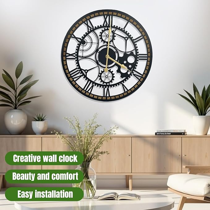 24 Inch Wall Clock, Gear Clock, Silent Non Ticking, Battery Operated Large Wall Clocks for Living Room Decor, Kitchen, Office (Vintage Industrial Steampunk)