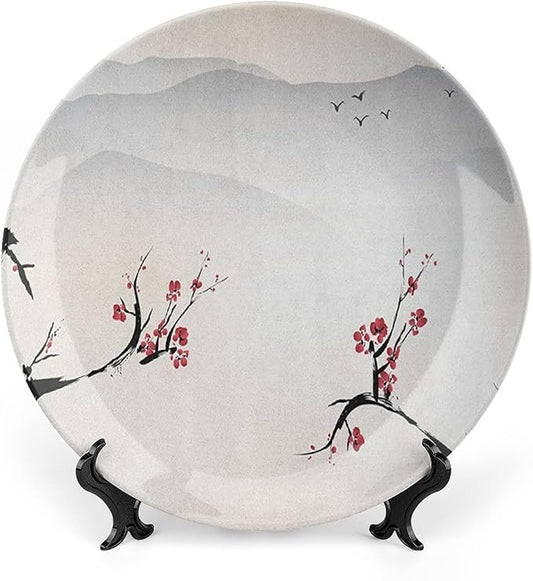 Ceramic Display Plate, Asian Ceramic Hanging Decorative Plate, Japanese Nature Landscape National Flower, 7 Inch, Living Room Kitchen Decoration Household, Beige Red Black