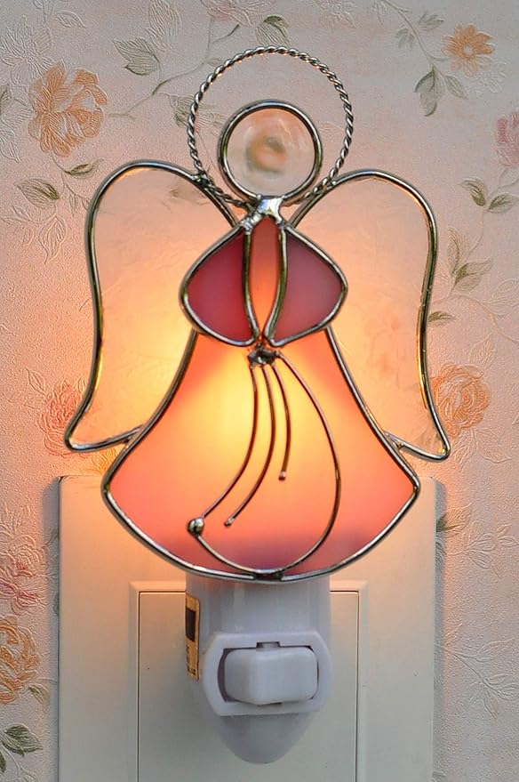 Stained Glass Angel Night Light Decorative Accent Lite Wall Plug in Nightlight for Hallway Bedroom Bathroom Kitchen Nature Themed Home Décor