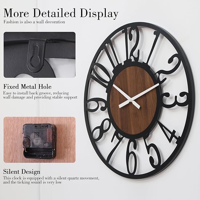20 Inch Large Industrial Wood Wall Clock, Iron Frame & Artful Cutout Numerals, Silent Battery Operated, Decorative for Modern Farmhouse Living Room Office Dining Room Home Décor Products