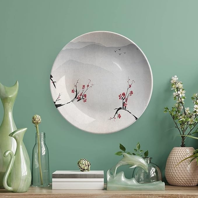 Ceramic Display Plate, Asian Ceramic Hanging Decorative Plate, Japanese Nature Landscape National Flower, 7 Inch, Living Room Kitchen Decoration Household, Beige Red Black