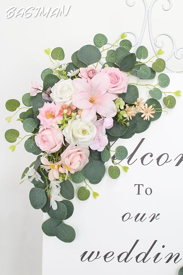 2pcs Wedding Arch Flowers,Wedding Artificial Sign Flower,Welcome Easel Door Decor Wall swags for Reception Backdrop Table Decorations Welcome Sign (Light Pink)