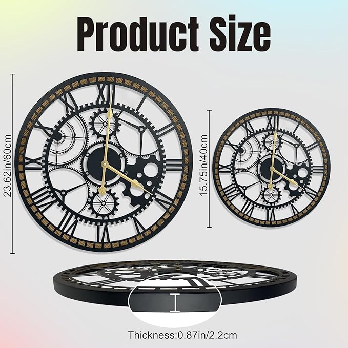 24 Inch Wall Clock, Gear Clock, Silent Non Ticking, Battery Operated Large Wall Clocks for Living Room Decor, Kitchen, Office (Vintage Industrial Steampunk)
