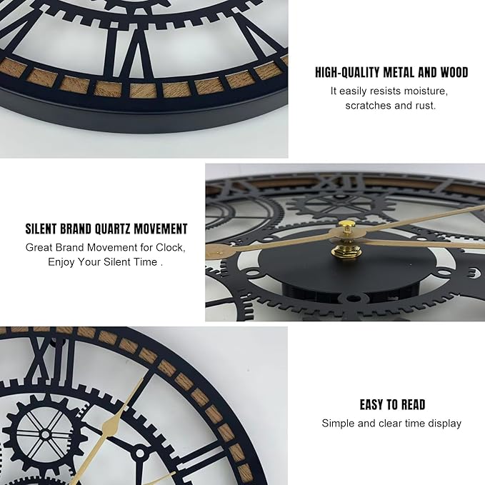 24 Inch Wall Clock, Gear Clock, Silent Non Ticking, Battery Operated Large Wall Clocks for Living Room Decor, Kitchen, Office (Vintage Industrial Steampunk)