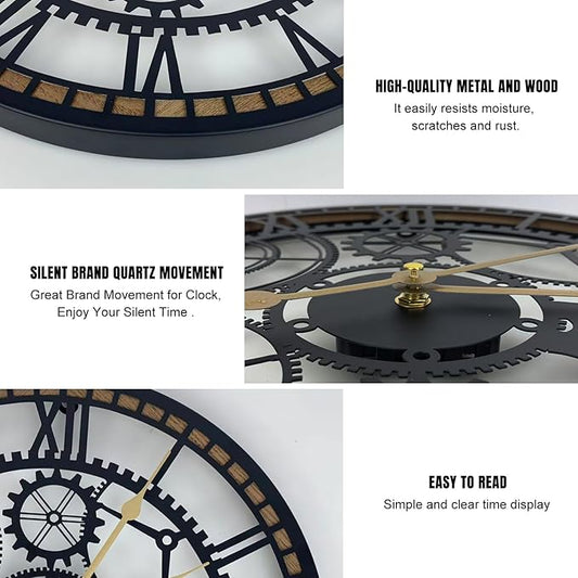 24 Inch Wall Clock, Gear Clock, Silent Non Ticking, Battery Operated Large Wall Clocks for Living Room Decor, Kitchen, Office (Vintage Industrial Steampunk)