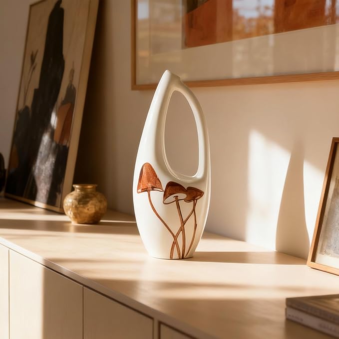 Unique Hand Painted Ceramic Mushroom Vase – Modern White Hollow Sculptural Vase – 8.7 Inch Tall Aesthetic Cottagecore Decor – Artisan Pottery for Flowers, Bookshelf, and Living Room Centerpiece