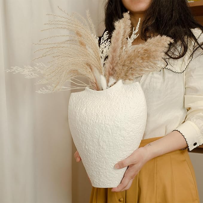Large Ceramic Vase for Decor Living Room, 11 inch Tall White Ceramic Flower Vases, Boho Vase for Farmhouse Home Decor, Stone Textured Modern Nordic Artisan Vases for Centerpiece, Leak Proof