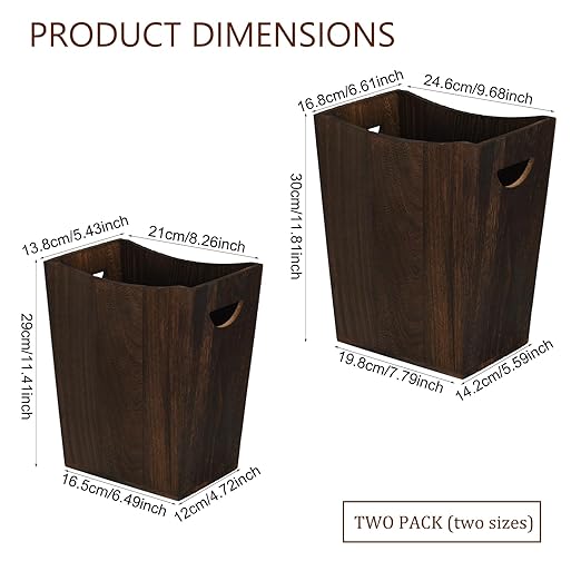 2 Pack Trash Can Wood Waste Basket Wooden Garbage Bins Decorative Farmhouse Trash Can for Bathroom Bedroom Office Desk Living Room (Distressed Brown)