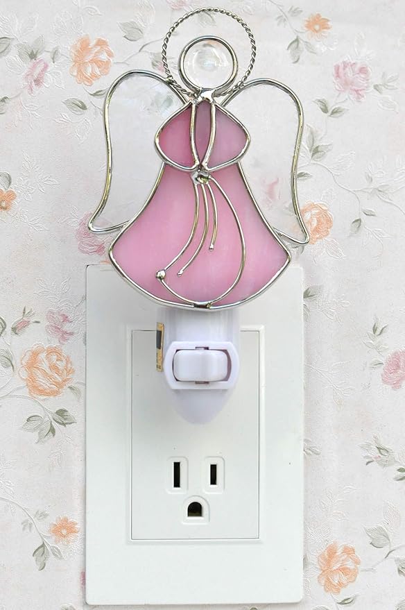 Stained Glass Angel Night Light Decorative Accent Lite Wall Plug in Nightlight for Hallway Bedroom Bathroom Kitchen Nature Themed Home Décor