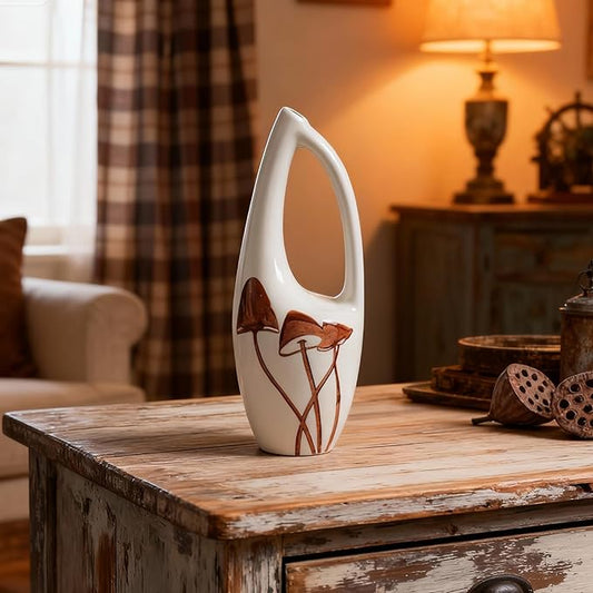 Unique Hand Painted Ceramic Mushroom Vase – Modern White Hollow Sculptural Vase – 8.7 Inch Tall Aesthetic Cottagecore Decor – Artisan Pottery for Flowers, Bookshelf, and Living Room Centerpiece