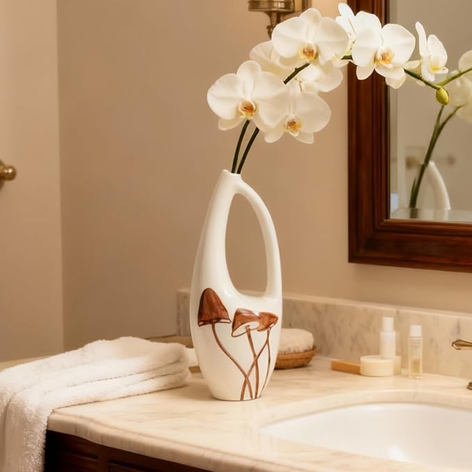 Unique Hand Painted Ceramic Mushroom Vase – Modern White Hollow Sculptural Vase – 8.7 Inch Tall Aesthetic Cottagecore Decor – Artisan Pottery for Flowers, Bookshelf, and Living Room Centerpiece