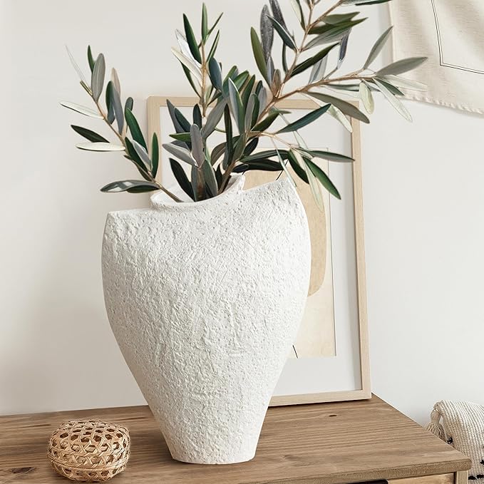 Large Ceramic Vase for Decor Living Room, 11 inch Tall White Ceramic Flower Vases, Boho Vase for Farmhouse Home Decor, Stone Textured Modern Nordic Artisan Vases for Centerpiece, Leak Proof