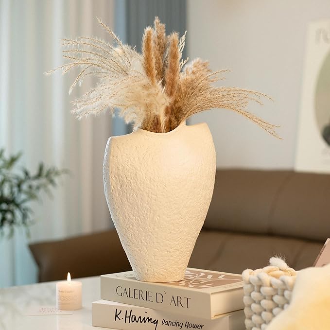 Large Ceramic Vase for Decor Living Room, 11 inch Tall White Ceramic Flower Vases, Boho Vase for Farmhouse Home Decor, Stone Textured Modern Nordic Artisan Vases for Centerpiece, Leak Proof
