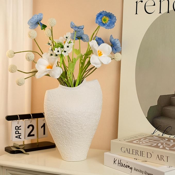 Large Ceramic Vase for Decor Living Room, 11 inch Tall White Ceramic Flower Vases, Boho Vase for Farmhouse Home Decor, Stone Textured Modern Nordic Artisan Vases for Centerpiece, Leak Proof