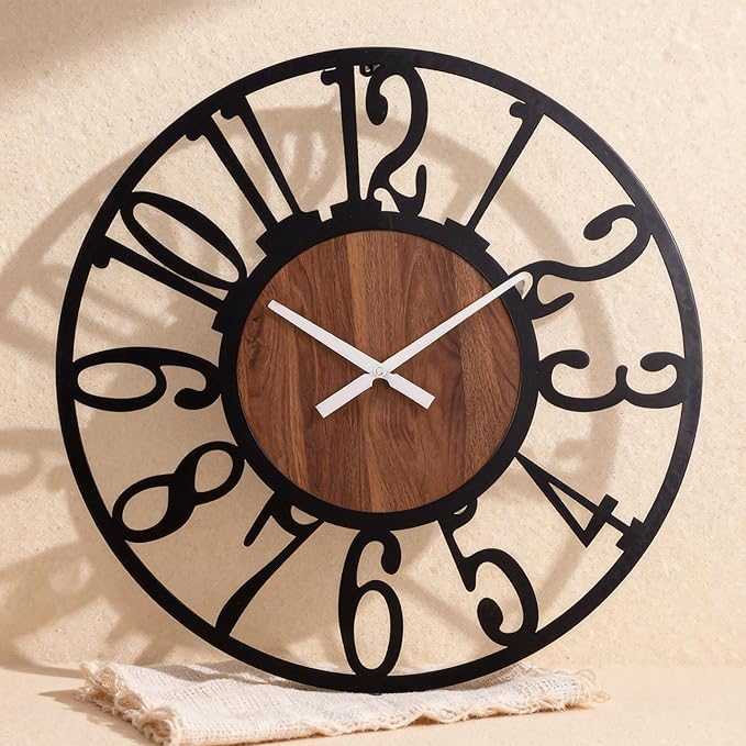 20 Inch Large Industrial Wood Wall Clock, Iron Frame & Artful Cutout Numerals, Silent Battery Operated, Decorative for Modern Farmhouse Living Room Office Dining Room Home Décor Products