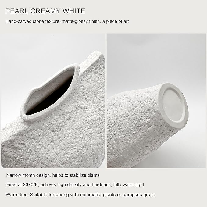 Large Ceramic Vase for Decor Living Room, 11 inch Tall White Ceramic Flower Vases, Boho Vase for Farmhouse Home Decor, Stone Textured Modern Nordic Artisan Vases for Centerpiece, Leak Proof