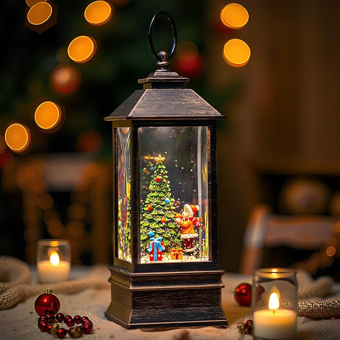10'' Snow Globe Christmas, Musical Lighted Water Lantern with Swirling Glitter Decoration for Christmas Home, Living Room, Battery Operated or USB Powered (Christmas Tree)