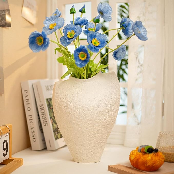 Large Ceramic Vase for Decor Living Room, 11 inch Tall White Ceramic Flower Vases, Boho Vase for Farmhouse Home Decor, Stone Textured Modern Nordic Artisan Vases for Centerpiece, Leak Proof