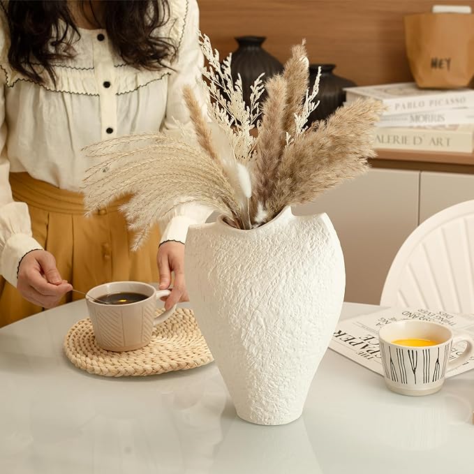 Large Ceramic Vase for Decor Living Room, 11 inch Tall White Ceramic Flower Vases, Boho Vase for Farmhouse Home Decor, Stone Textured Modern Nordic Artisan Vases for Centerpiece, Leak Proof